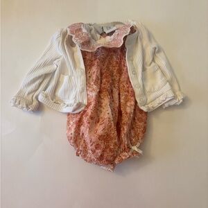 cupcakes & cashmere Pink Floral Infant Romper with White Ruffle Trim